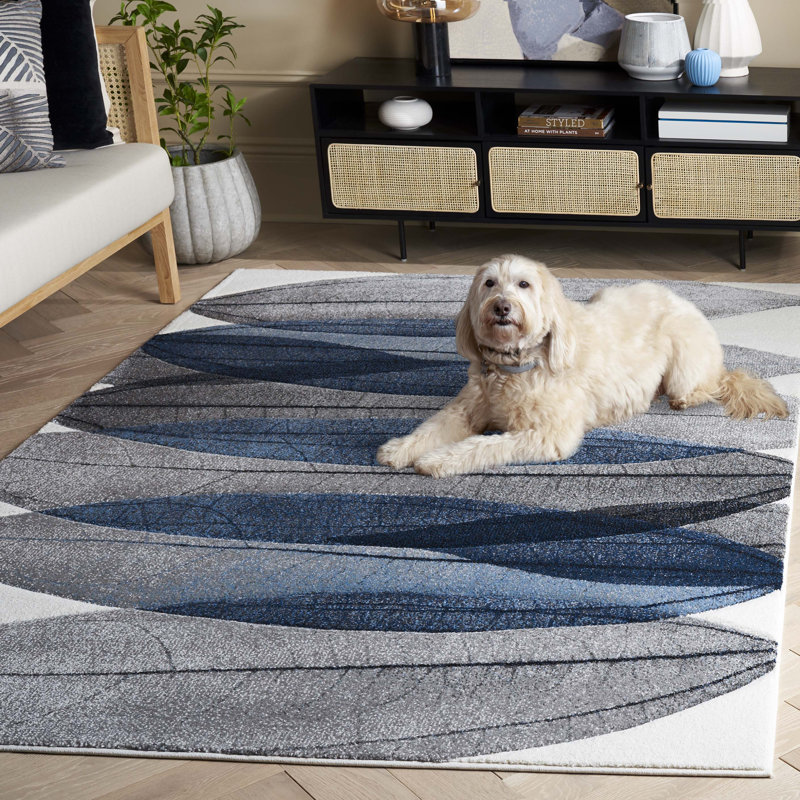 Tapis floral Jeromie Performance, Bleu / noir / ivoire, Rectangle 5 pi 3 po x 7 pi 6 po