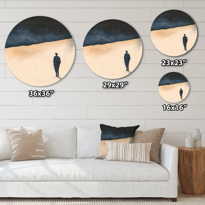 Voyageur solitaire sur la côte - Silhouette marine - Tableau mural rond en métal, H 23 po x l 23 po