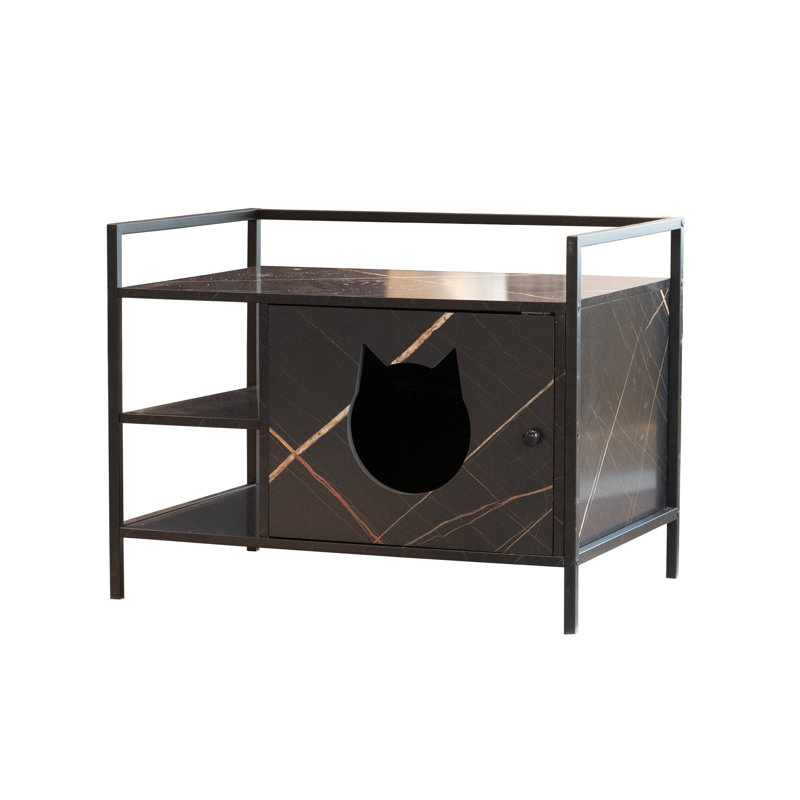 Bac à litière pour chats - 2 espaces de rangement ouverts, garde la pièce propre, bois d'enceinte chat noir antique, porte à motif de tête mignonne