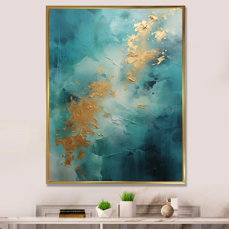 Jaalah turquoise tranquillité IV - imprimé, H 32 po x l 24 po x P 1 po, Cadre flottant doré