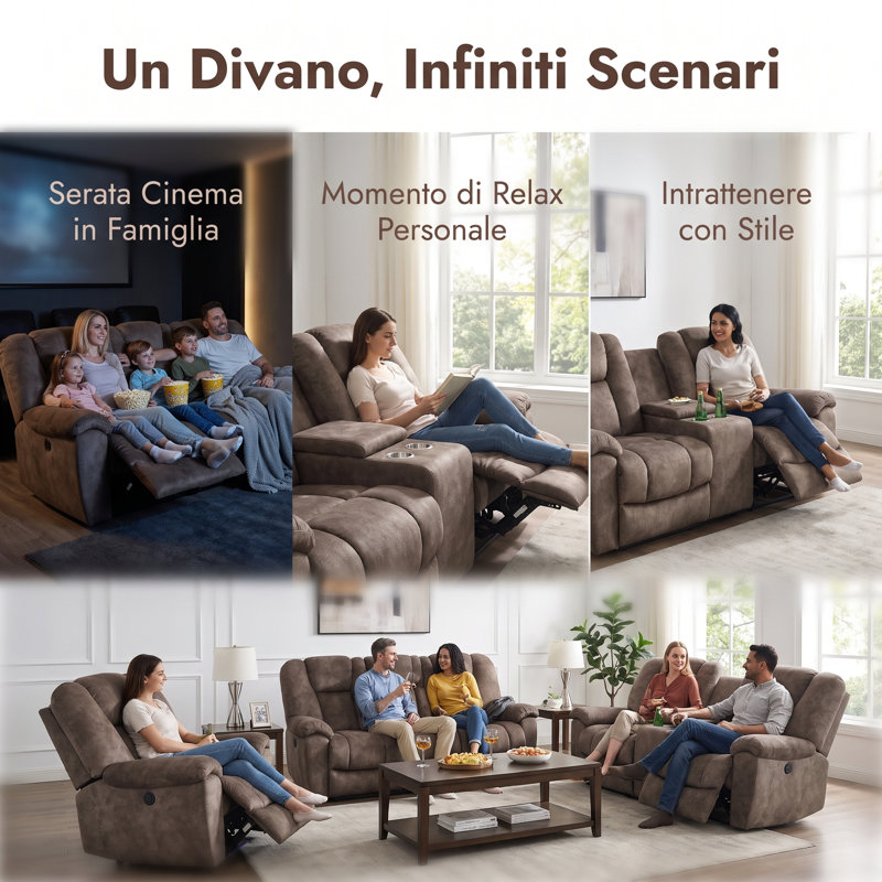Ensemble de canapé inclinable électrique brun 3 pièces | Meubles de salon inclinables avec charge USB, console de rangement, porte-gobelets et support lombaire