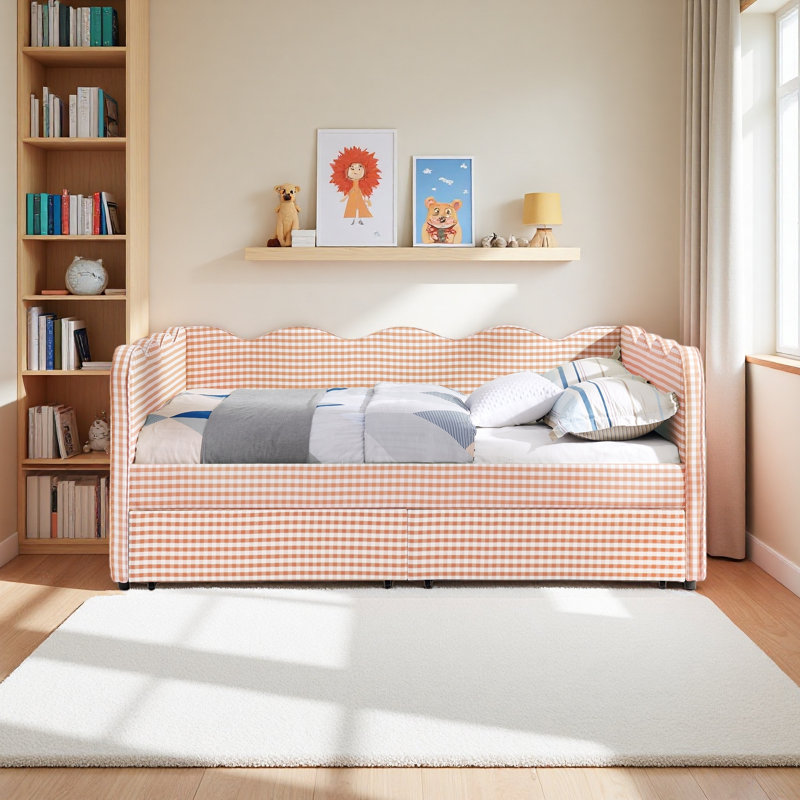 Cozy Gingham Daybed With Two Storage Drawers, With USB Port And Adorable Wave Shaped, Full/Double, Pink