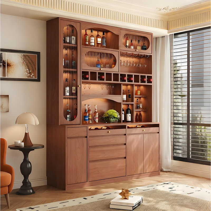 70.87" Solid Wood Wine Cabinet, Glass Door Display Cabinet, Light Luxury Home Storage Cabinet