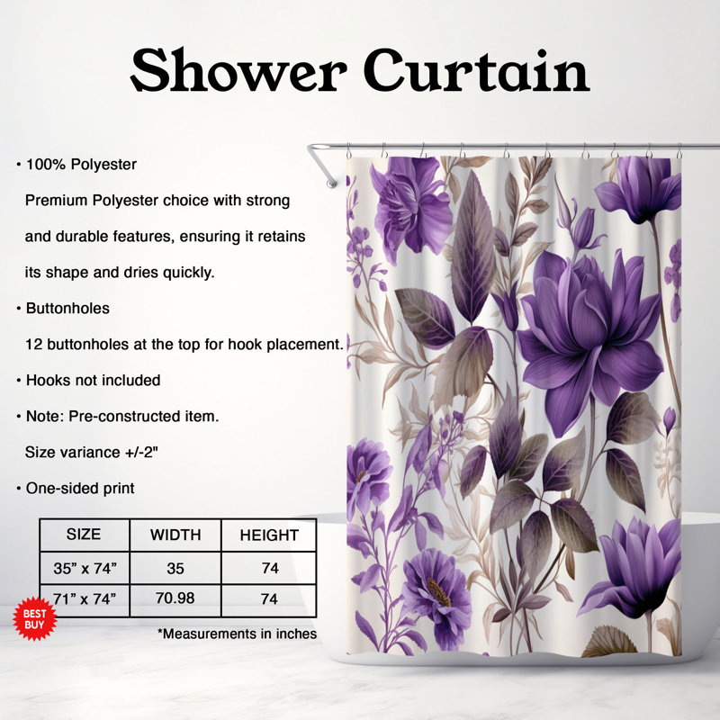 Rideau de douche standard 1 pièce Mauve Blooms, H 74 po x l 71 po