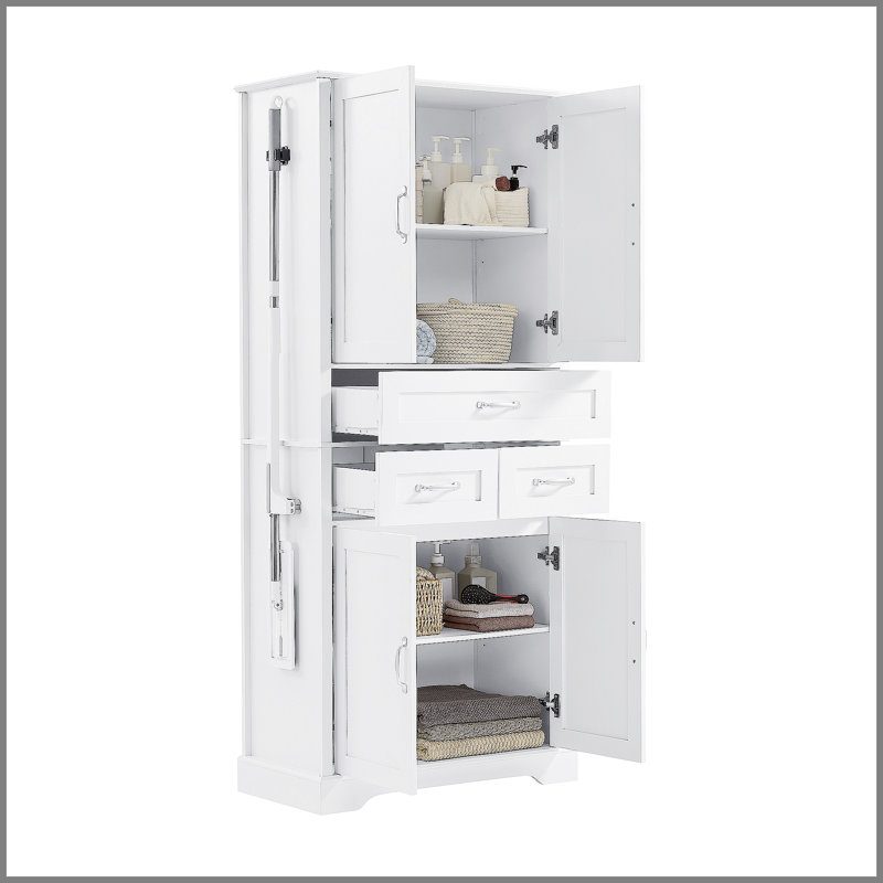Grande armoire de rangement pour salle de bain, tour à linge autoportante avec 4 portes et 3 tiroirs, tablettes réglables, organisateur de salle de bain en panneau de fibres à densité moyenne avec crochet en alliage d'aluminium