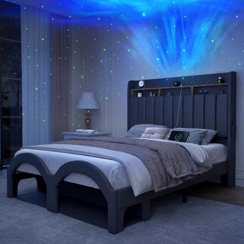 Bed Frame with Storage Drawers Pockets and Galaxy Star Projector Upholstered Wingback Headboard, White, Queen