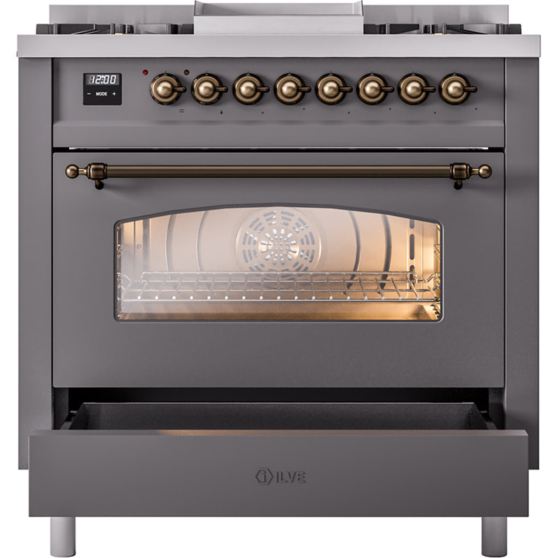 ILVE Nostalgie II 36 Dual Fuel Range, knobs, Graphite Matte/Bronze, Natural Gas