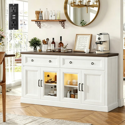 Grande armoire-buffet en bois rustique de 63 po avec 2 grands tiroirs et 2 portes transparentes, armoire de rangement pour la ferme 4 portes avec station de charge et lumière DEL, meuble télé avec tablettes réglables