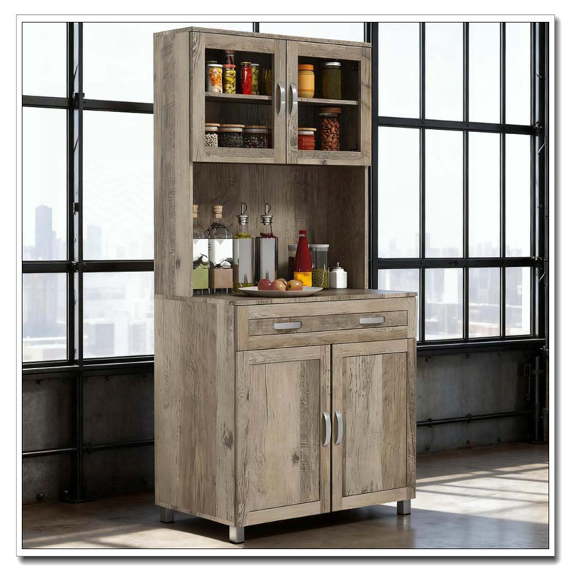 Armoire de cuisine, buffet autoportant avec huche et portes en verre