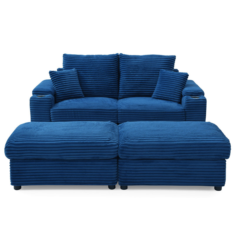 Loveseat With Ottomans,Corduroy Fabric Modular Sectional Sofa,Comfy Deep Plush Couch With Ottomans And Two Pillows,For Small Spaces, Living Room,Bedroom, Office