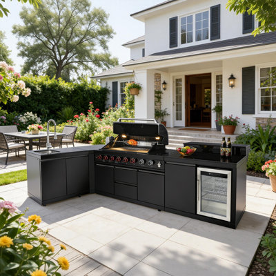 Îlot de cuisine extérieure de 244,5 cm (95,8 po) avec barbecue au gaz naturel à 6+1 brûleurs – 95 500 BTU, acier inoxydable 304, évier, réfrigérateur et table de bar, noir, certifié CSA/ETL