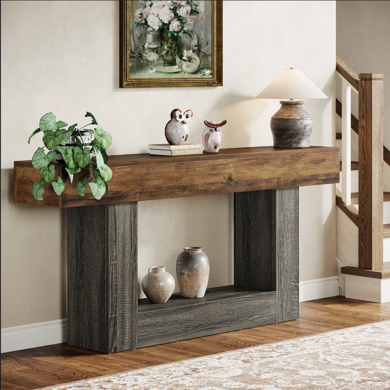 Console rustique 63 pouces à 2 niveaux avec tablette de rangement et base en U gris, parfaite pour les vestibules et les salons