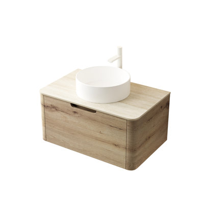 30" Wall - Mounted Bathroom Vanity With Stain White Round Ceramic Vessel Sink, Roman Sintered Stone Top, Plywood Cabinet Drawer And Easy To Install Feature, Pre Assembled, Oak Finish Pattern Counter,