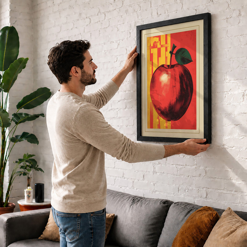 Red Apple Print Retro - Framed Print, A3 - 42.0 x 29.7 cm, White