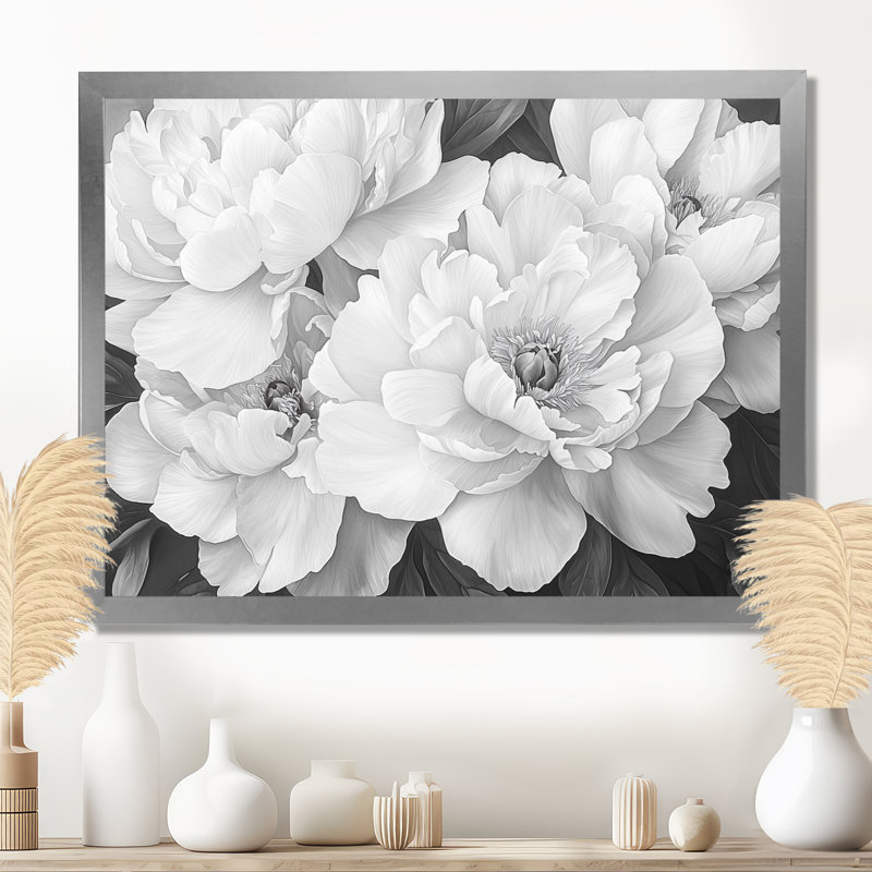 Pivoines en gris classique II - pivoines, art mural pour le salon, Reproduction encadrée d'une seule photo, Argent argent