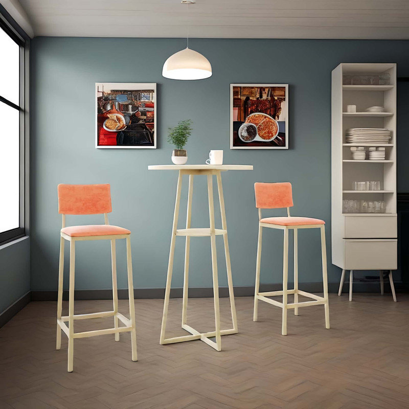 Bar table and chairs three piece set, gold frame, sponge made seat cushions and backrests, bar table with storage function (gold+cushion)