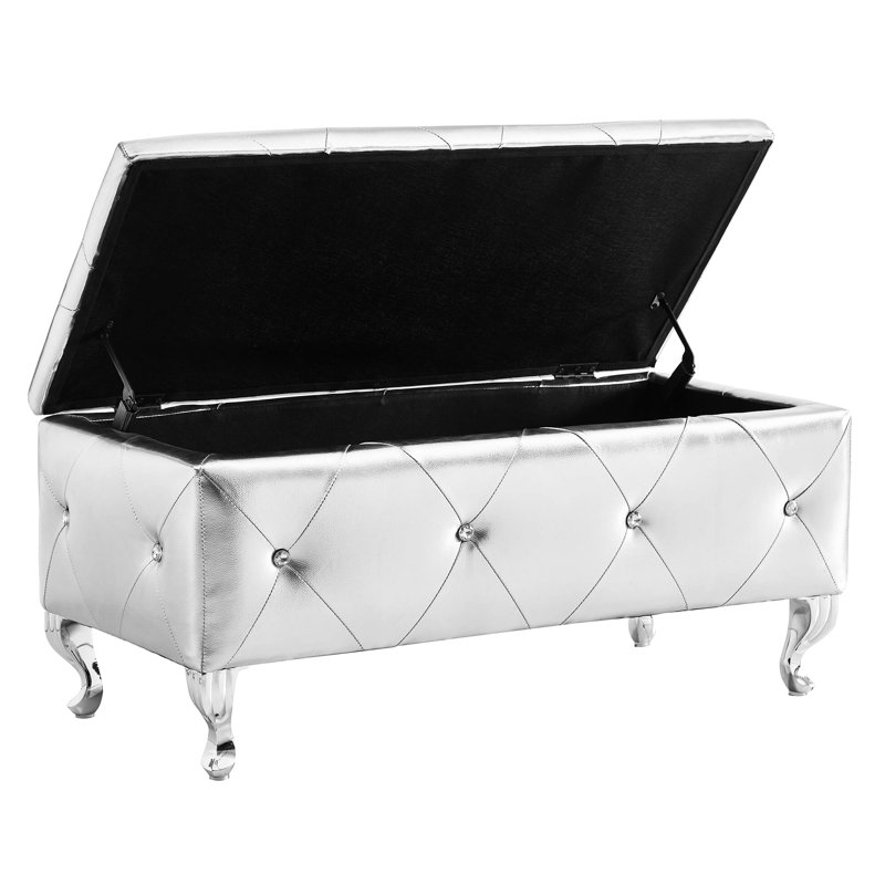 Banc polyvalent en similicuir argenté avec rangement et boutons en cristal pour le salon de la chambre à coucher - Assemblage facile, structure de hall d'entrée de conception européenne moderne, couvercle rabattable