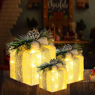 Set Of 3 Christmas Lighted Gift Boxes, Pre-Lit 60 LED Light Up Present Boxes Ornament Outdoor Warm White Tinsel Boxes Decoration For Indoor Christmas Home Yard Lawn Décor