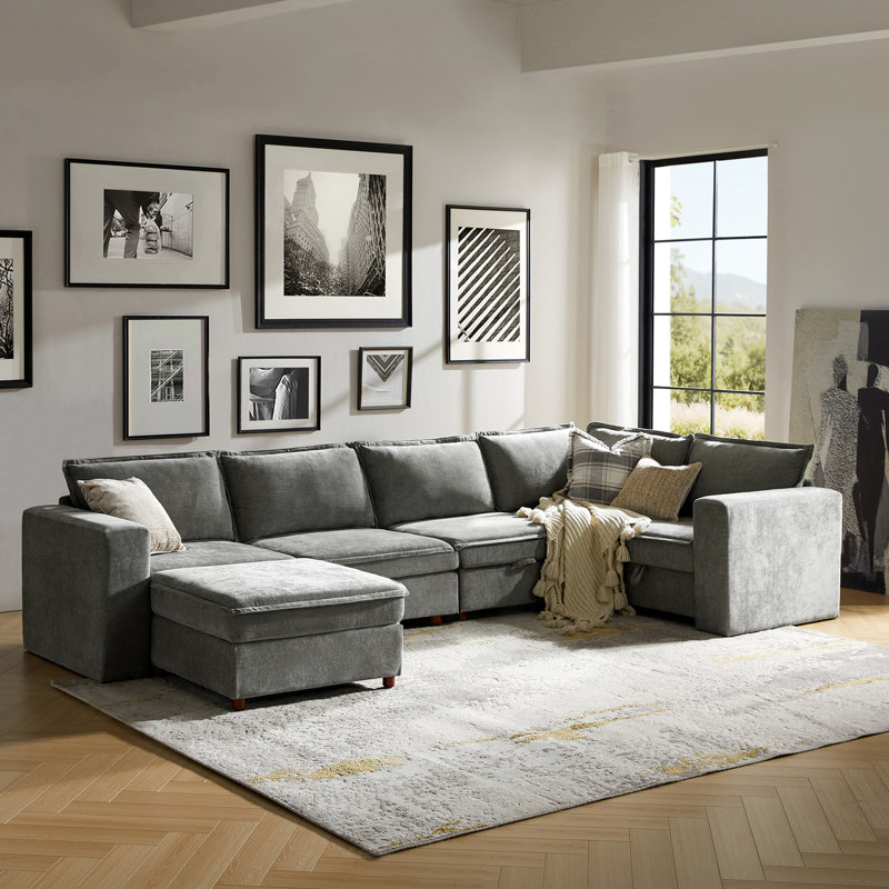 Housse pour canapé modulaire avec rangement en chenille moderne de 136 po 6 pièces Bessette, Polyester gris / chenille