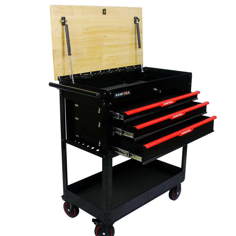 3 Drawers Multifunctional Tool Cart With Wheels And Wooden Top