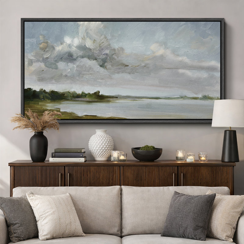 Tranquil Landscape Soft Brushstroke Lake Scene, reproduction d'art sur toile, H 30 po x l 60 po, Noir, noir, noir, noir