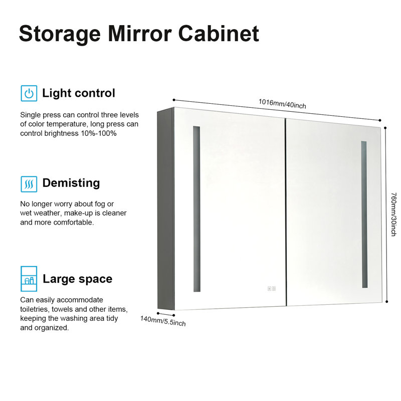Armoire à pharmacie à DEL à miroir avec douille et tablettes réglables, à intensité variable, anti-buée