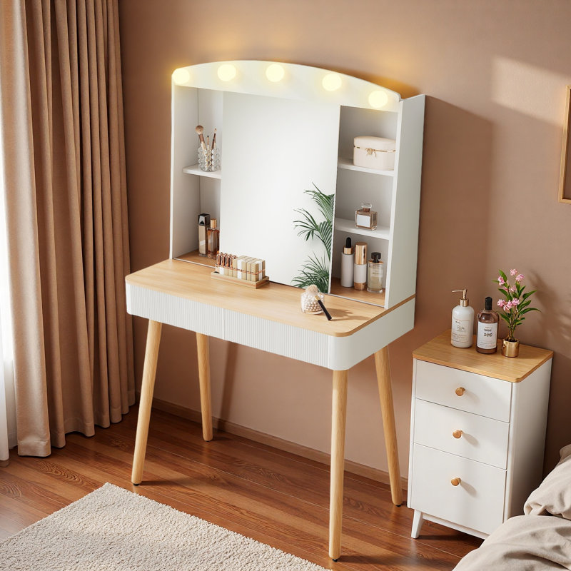 Vanity Desk With 3 Lighting Colors Sliding Mirror, 2 Fluted Drawers And Open Storage Compartments