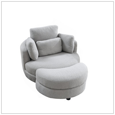 Fauteuil pivotant surdimensionné de 39 po de largeur avec repose-pieds avec rangement Moon pour salon, causeuse ronde ronde, accoudoirs et demi-tonneau pour fauteuil de chambre, 4 coussins, tissu en peluche