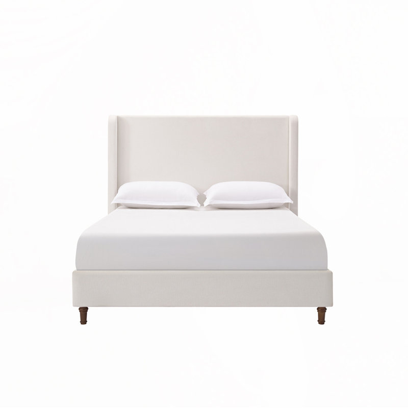 Albree Hoppe Modern Upholstered Platform Bed With Wingback Headboard, Cream White Chenille Fabric, Queen