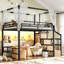 Lit mezzanine avec escalier de rangement et garde-robe, lit mezzanine en métal avec structure de baldaquin et éclairage DEL, grand espace de rangement sous le lit.