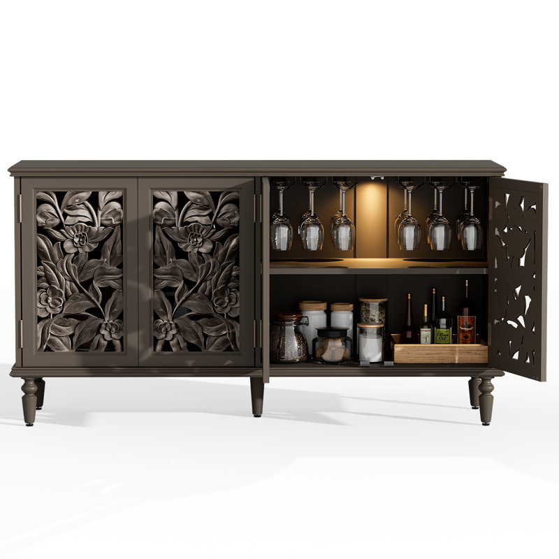 Traditional 61'' W Sideboard with LED Light and Cable Management and Adjustable Shelves, Brown