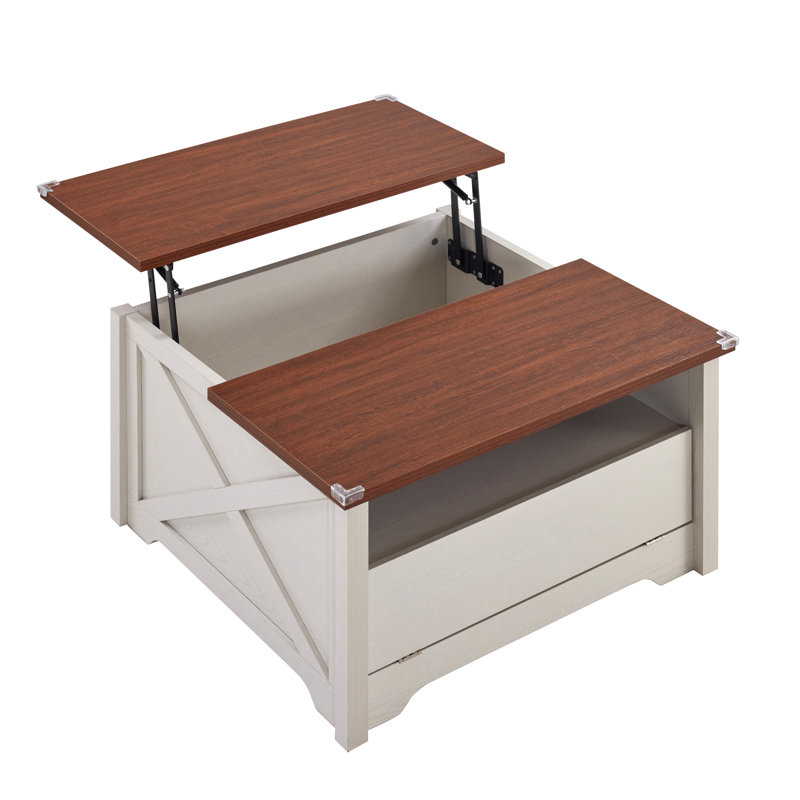 Table basse à plateau relevable en brun et blanc, Blanc, Brun