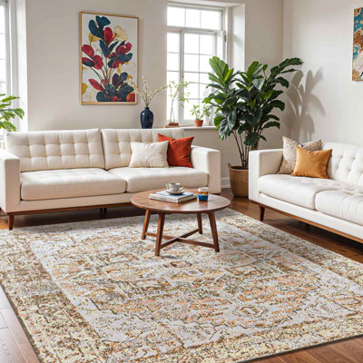 Brown Traditional Washable Rug, Bordered Floral Anti-Slip Rug For Living Room, Dining Room, Bedroom