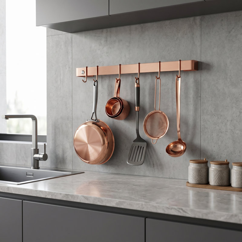 Utensil Bar Handcrafted Wall Mounted Pot Rack, 3" H x 24" W x 3" D, Brushed Copper