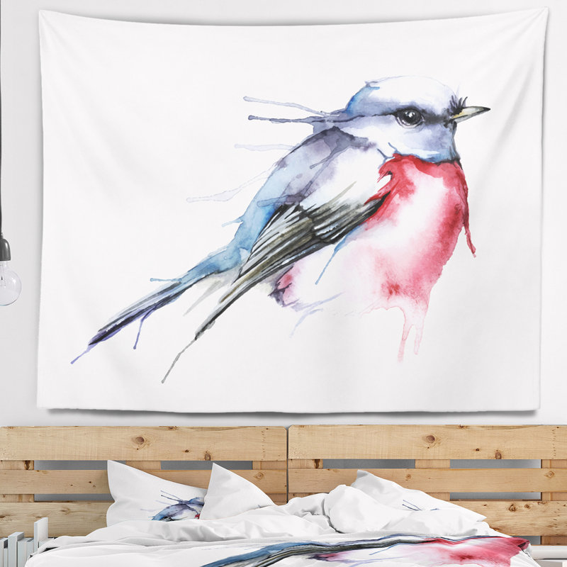 Aquarelle animal oiseau tapisserie bleu et rouge, H 32 po x l 39 po