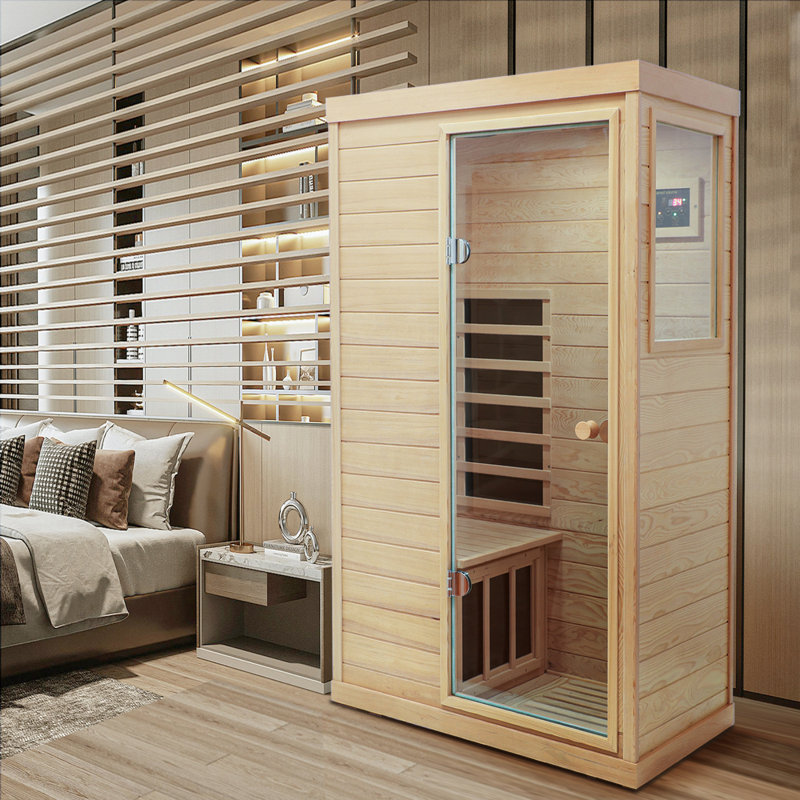 Hemlock Mini One Person Far Infrared Door On The Right Of The Indoor Sauna Room, Natural, Left