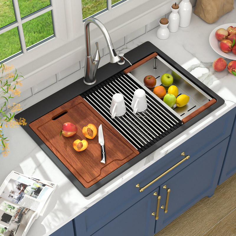 Évier de cuisine rectangulaire à double cuve à montage sur plan 33 po x l 22 po à comptoir en quartz, Noir