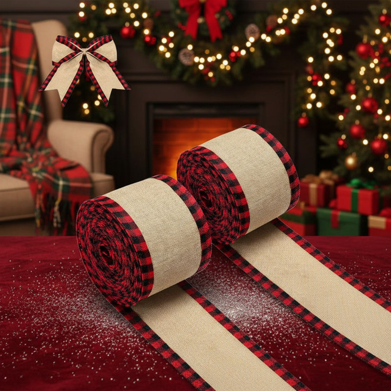 2 pièces de ruban de Noël en lin à carreaux utilisés pour fabriquer des boucles de sangles, motif de Noël classique convenant aux décorations de Noël