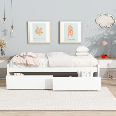 Lit simple en bois d'hévéa blanc massif avec 2 tiroirs, assemblage facile, bois de taille silencieuse et facile à utiliser