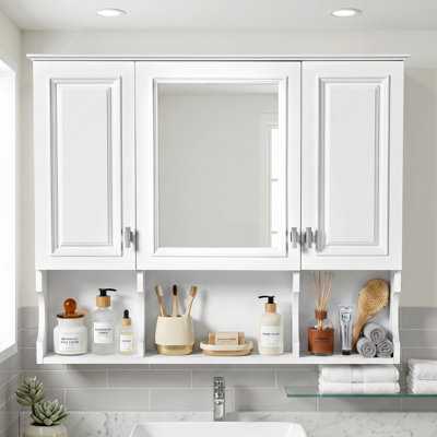Armoire à pharmacie murale 35 po blanche moderne avec tablettes ouvertes, rangement avec portes et miroir, tablette réglable