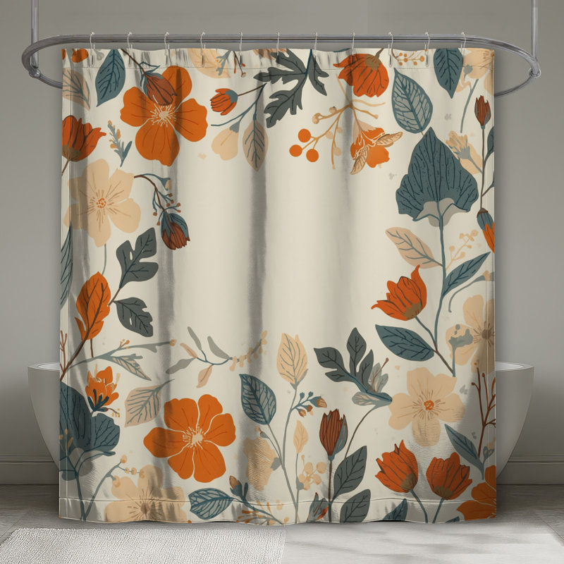 Rideaux de douche orange et beige à bordure florale très longs, L 70 po x H 72 po