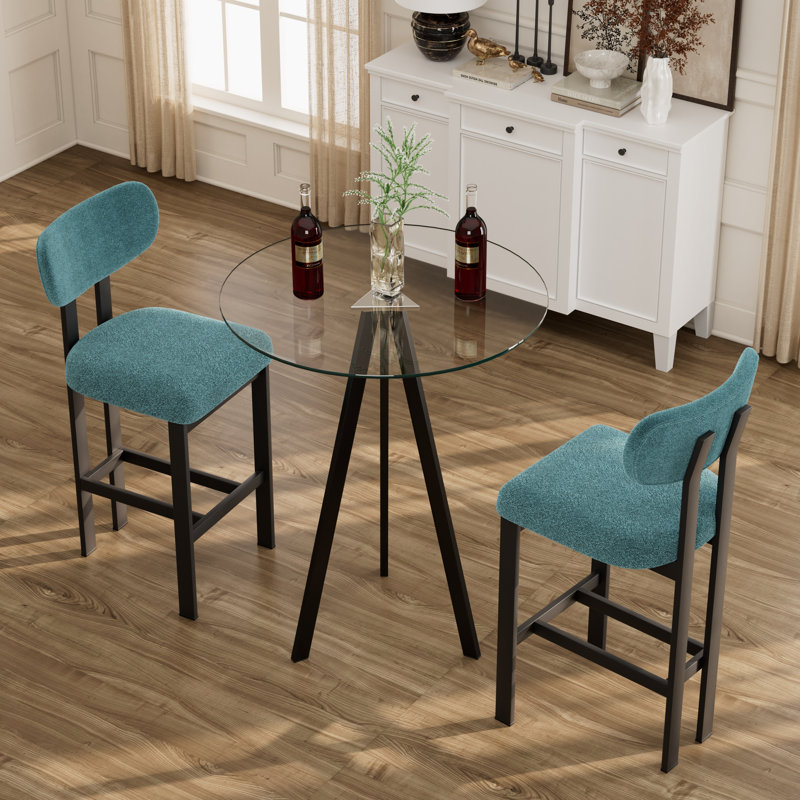 Ensemble de table de bar moderne en verre trempé avec tabourets de bar rembourrés en tissu, Crème, crème, Noir
