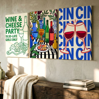 3 Pieces Vibrant Wine and Cheese Party Large Wall Art for Contemporary Decor, Three Pieces Wall Art for Living Room, Bedroom, Office, and Home Decor
