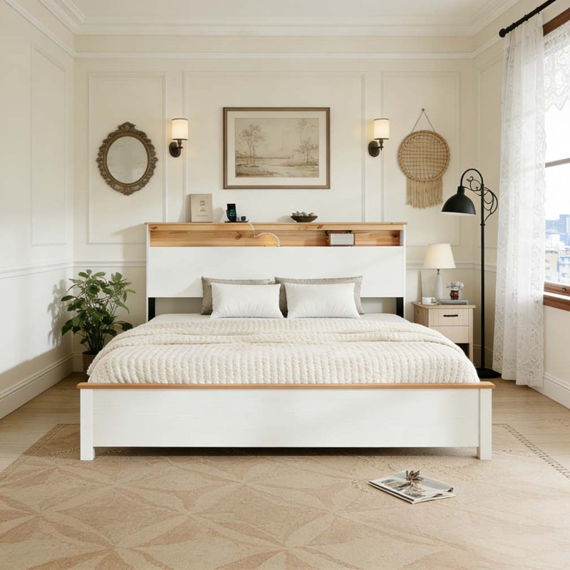 WOODEN BED STAND WITH CHARGING STATION, FULL
