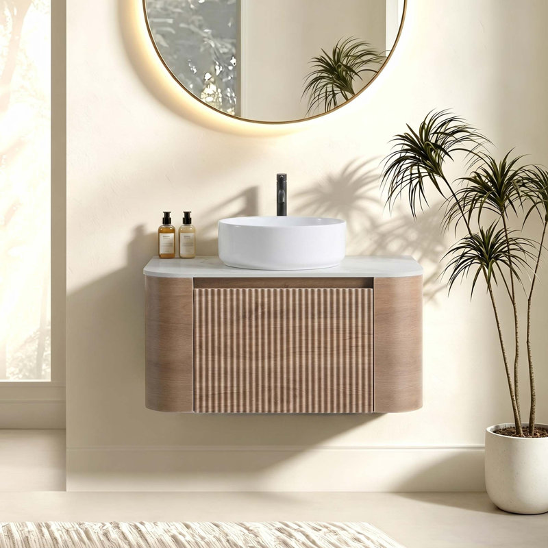 Meuble-lavabo simple-vasque incurvé et cannelé avec porte-serviettes intégré, Chêne miel, L 30 po
