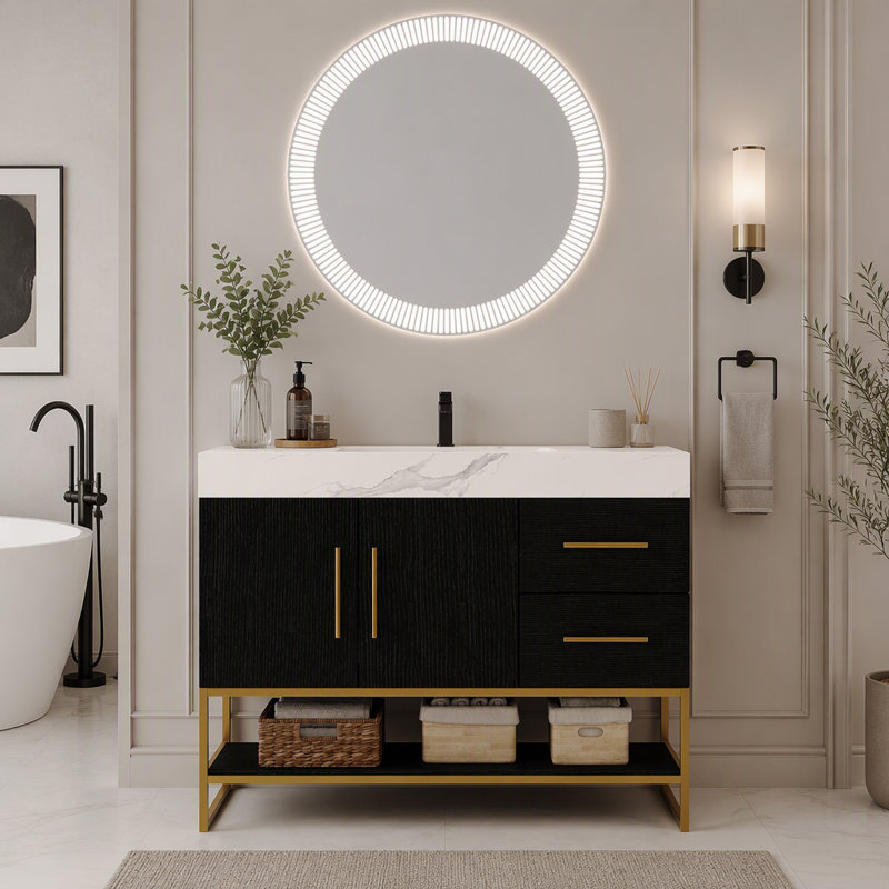 Meuble-lavabo autoportant moderne 36 po avec lavabo en céramique sans couture et plateau en pierre frittée