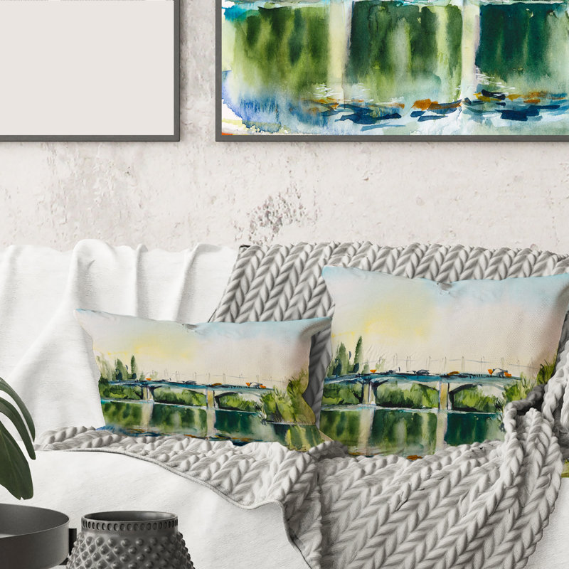 Rectangle, paysage avec vieux pont dans la campagne - Coussin décoratif à imprimé traditionnel