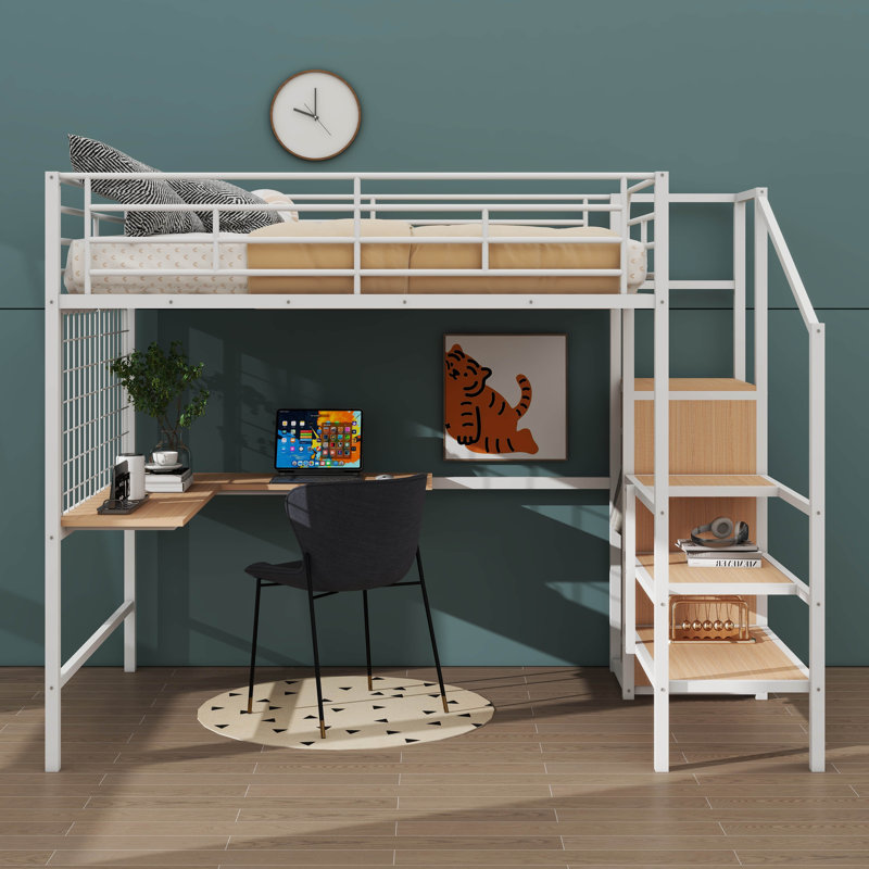 Lit mezzanine en métal avec bureau et grille en métal, Double, Blanc