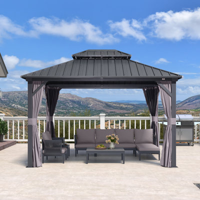 PURPLE LEAF 10' X 12' Gazebo Outdoor Aluminum Gazebo with Heavy Duty Galvanized Steel Double Roof for Patio Backyard Deck, Netting and Curtains Included, Grey