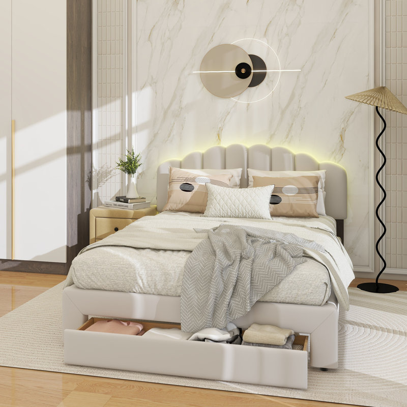 Grand lit plateforme tapissier Teddy, Beige